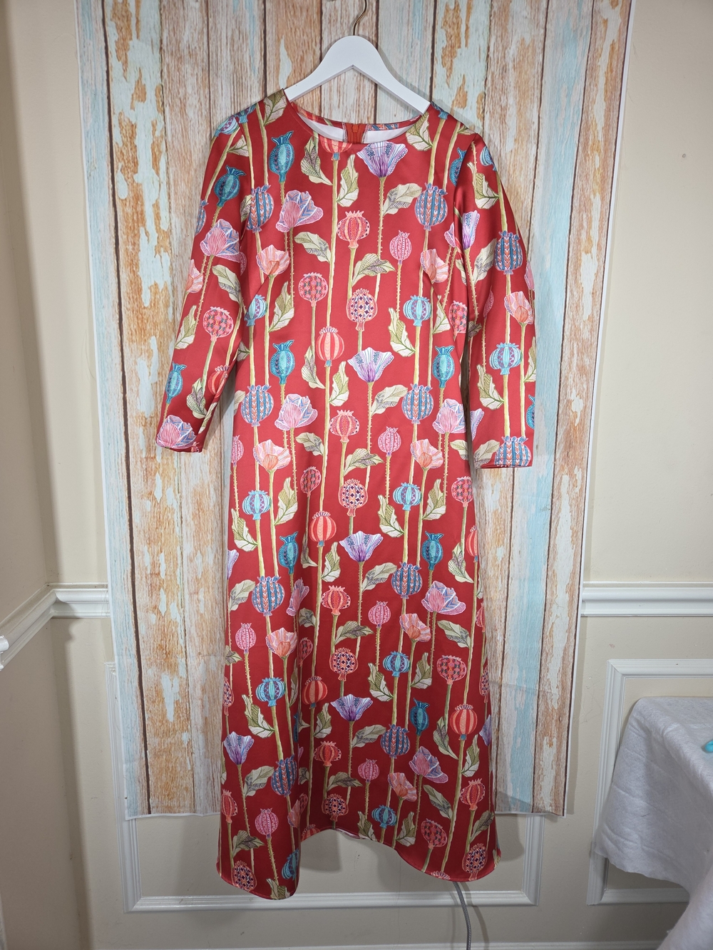 Handmade Red Floral Print Maxi Dress Long Sleeve Colorful Botanical Boho Retro